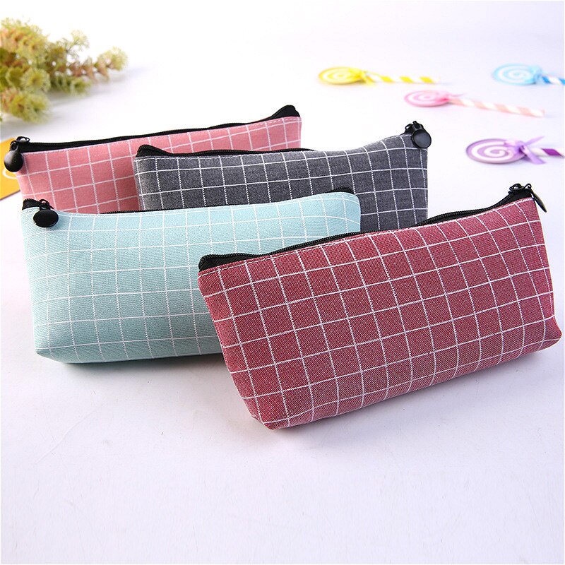 1pcs Canvas Geometric Pencil Case School Color Cute Kawaii Simple Striped Grid Solid Pencil Bag Pouch Students Office Supplies