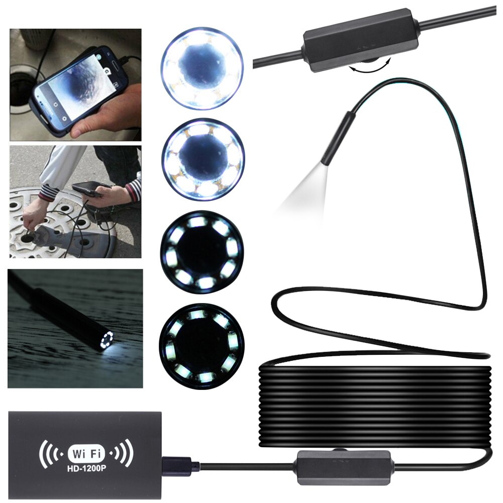 Mini camera 1200p 8mm slang inspectie hd industriële  ip68 waterdichte 8 leds wifi endoscoop voor android draadloze endoscoop