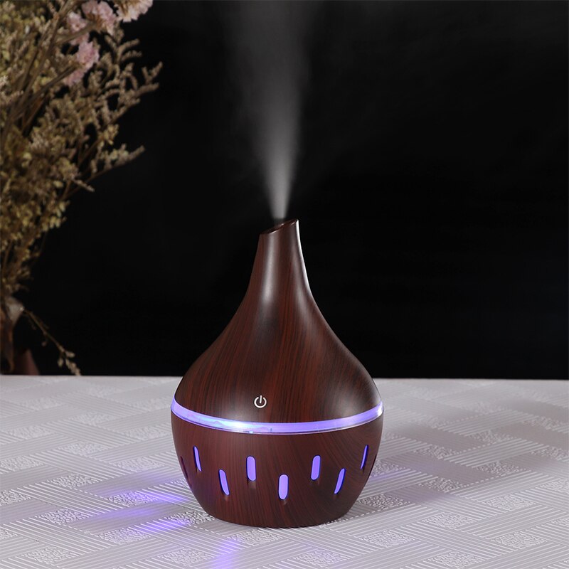 USB Luftbefeuchter Elektrische Öl Aromatherapie Holzmaserung Ultraschall Luft Diffusor Lichter Auto für Heimat Sekretariat Duft Parfüm 300ML: hohl dunkel Fase