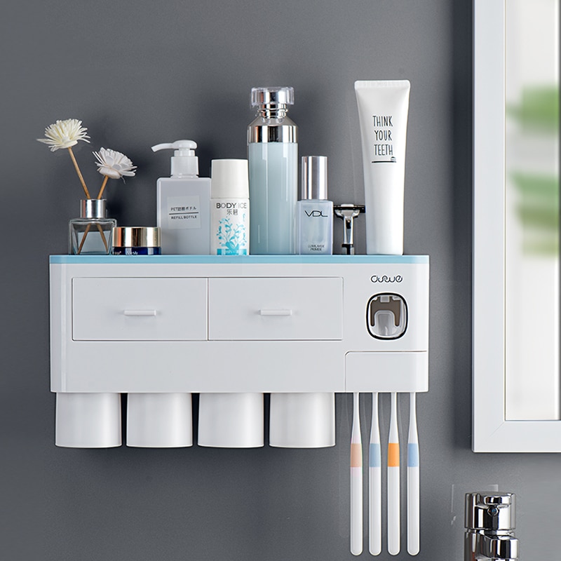 Toothbrush Holder Automatic Toothpaste Dispenser With Cup Wall Mount Toiletries Storage Rack Bathroom Accessories Set