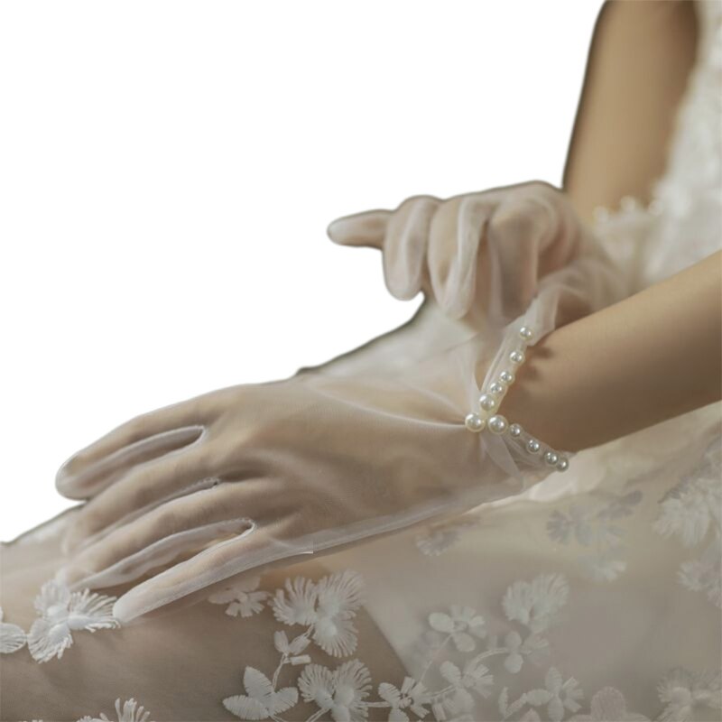 Vrouwen Sweet Wedding Sheer Korte Handschoenen Handgemaakte Faux Parel Pailletten Kralen Strik Decor Bridal Prom Party Wanten: 1