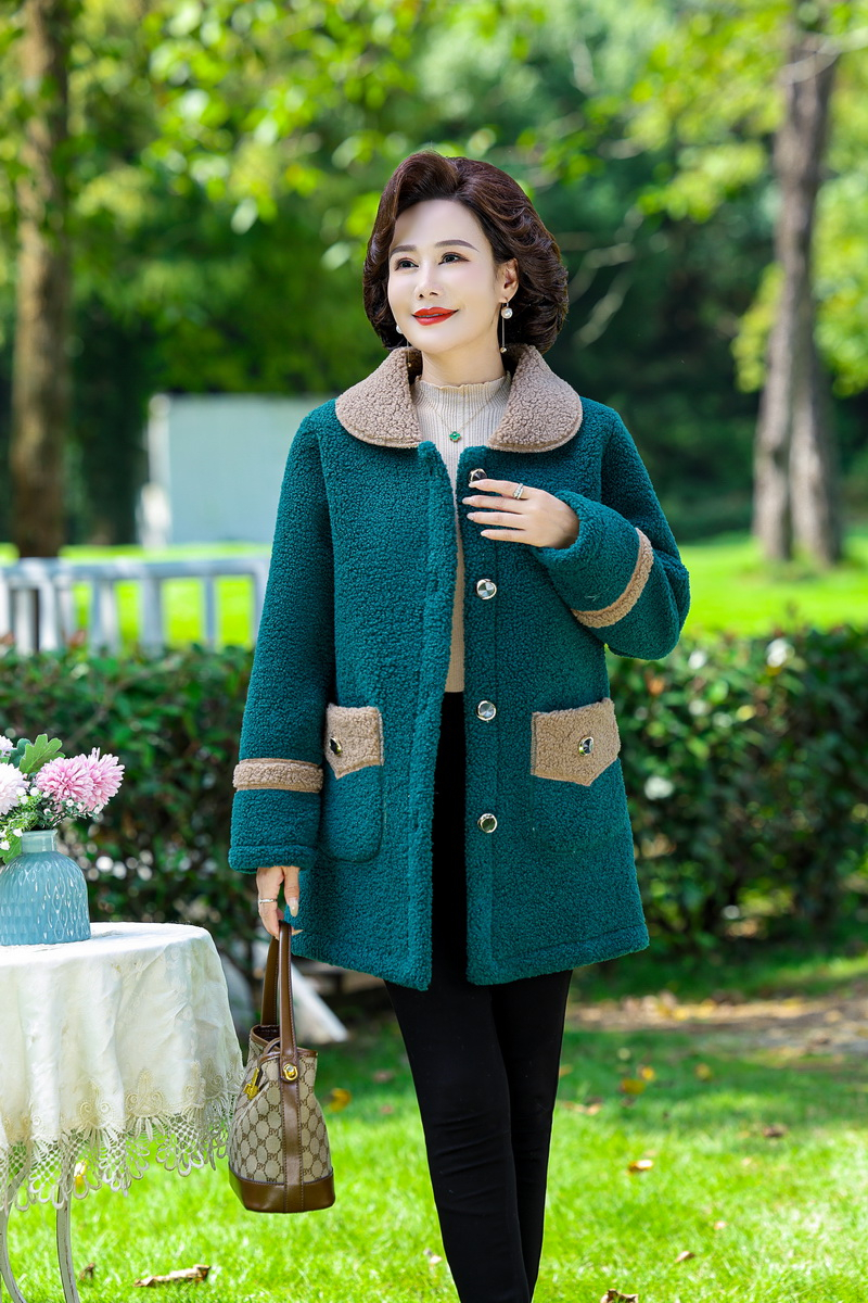 Chaqueta de Otoño Invierno para mujer, abrigo cálido de lana gruesa, abrigo de piel de cordero para mujer, vestido suelto medio largo para madre, chaqueta femenina: XXL / Verde