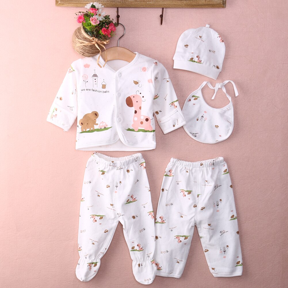 Neugeborenen Pyjama Neue 5 Stück unisex Baby Junge Mädchen Schwellen Kleidung einstellen Tier drucken Unterwäsche Kleid und Hosen Outfits