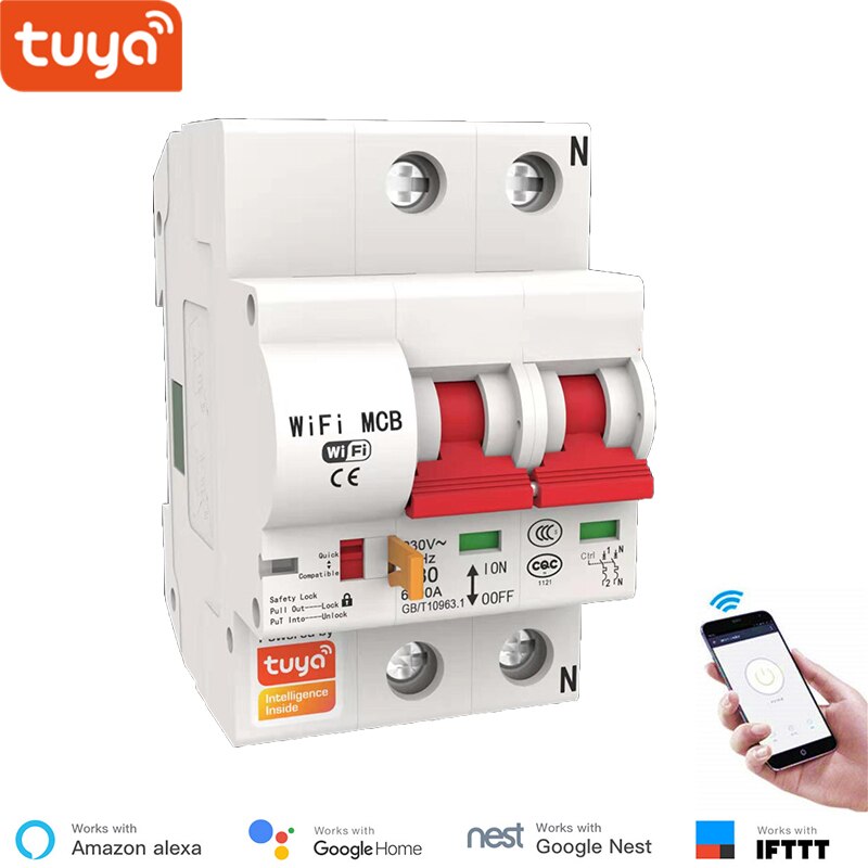 Disjoncteur WiFi intelligent Tuya Smart Life 16A, Protection contre les courts-circuits, Compatible avec Alexa Echo Google, télécommande: 2P 16A