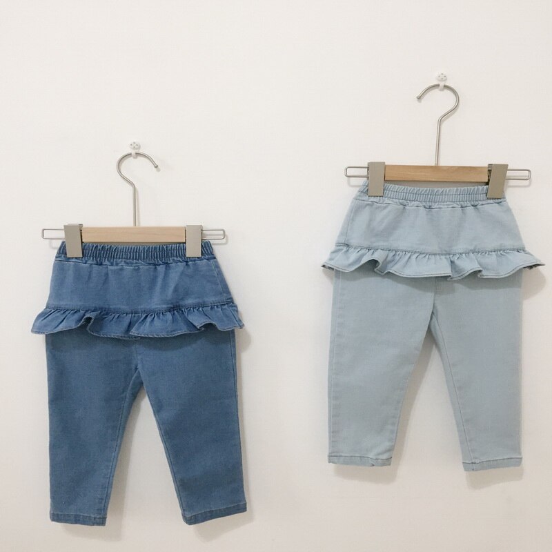 Jupe-pantalon en jean pour adolescentes, couleur unie, taille élastique à volants, printemps , E20631