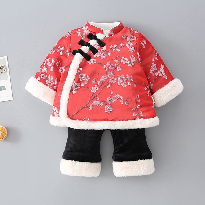 Nyfødt baby år tang jakkesæt kinesisk traditionel spædbarn cheongsam outfit pige etnisk hanfu fancy fe dans fløjl tøj: Farve 2 / Højde 100cm