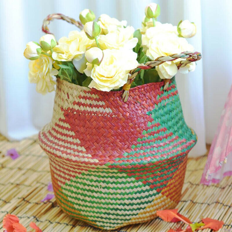 Cesta de paja para plantas de almacenamiento, cesta decorativa multicolor para flores de jardín