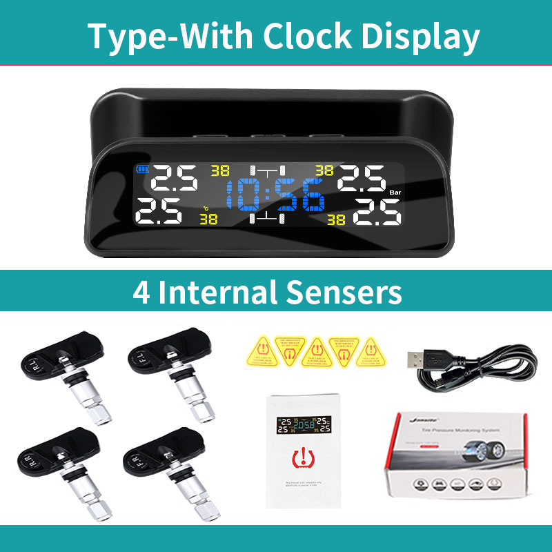 Wireless TPMS Time Display Car Alarm Tire Pressure Monitoring System Rotation Warning Solar Power Charge Inside/External sensors: 4Internal-With Clock