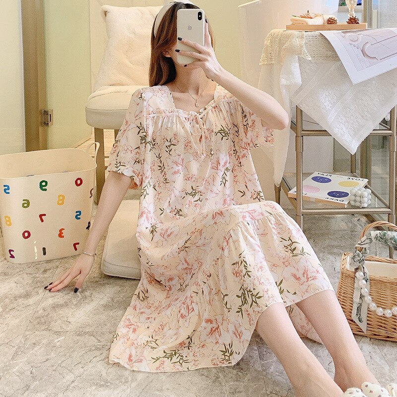 Fdfklak Gedrukt Bloemen Nacht Jurk Vrouwen Korte Mouwen Vierkante Kraag Katoen Nachtjapon Losse Comfortabele Dames Nachthemd: pink flower
