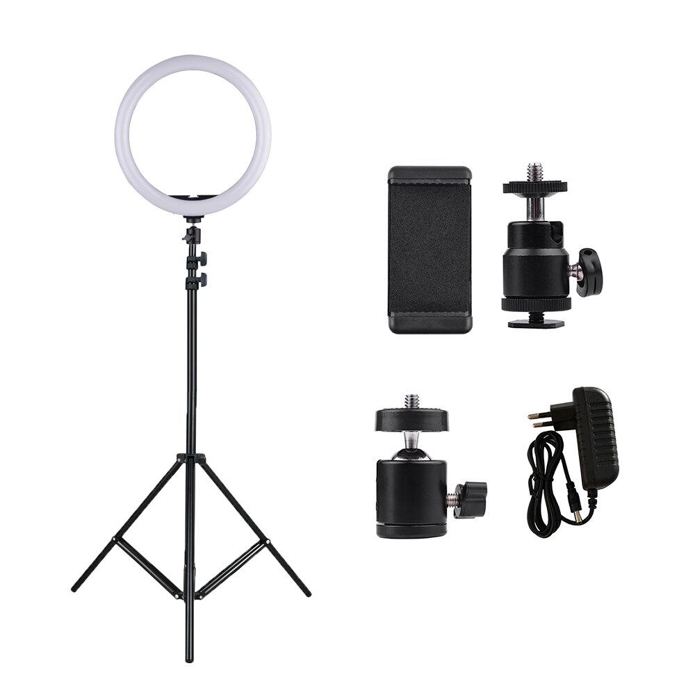 24W Dimmable 2700-5500K Photo Studio LED Video Ring Light Lamp w/ Light Stand 2pcs Ball Heads for iPhone Samsung Huawei Xiaomi