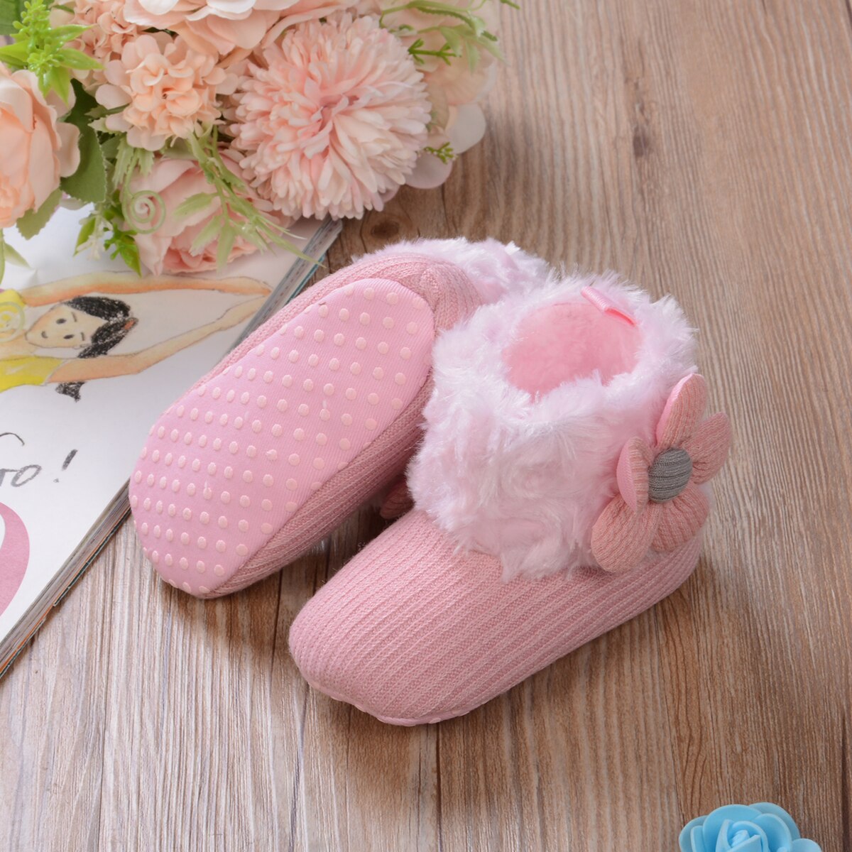 Babymeisjes sneeuwlaarzen winter warm mooie zachte imitatiebont gebreide bloemenlaarsjes antislip baby prewalkers 0-18m