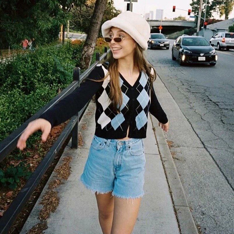 Dames engelse stijl argyle contrasterende kleuren vesten vintage enkelrijs v-hals truien vrouwelijke chique truien