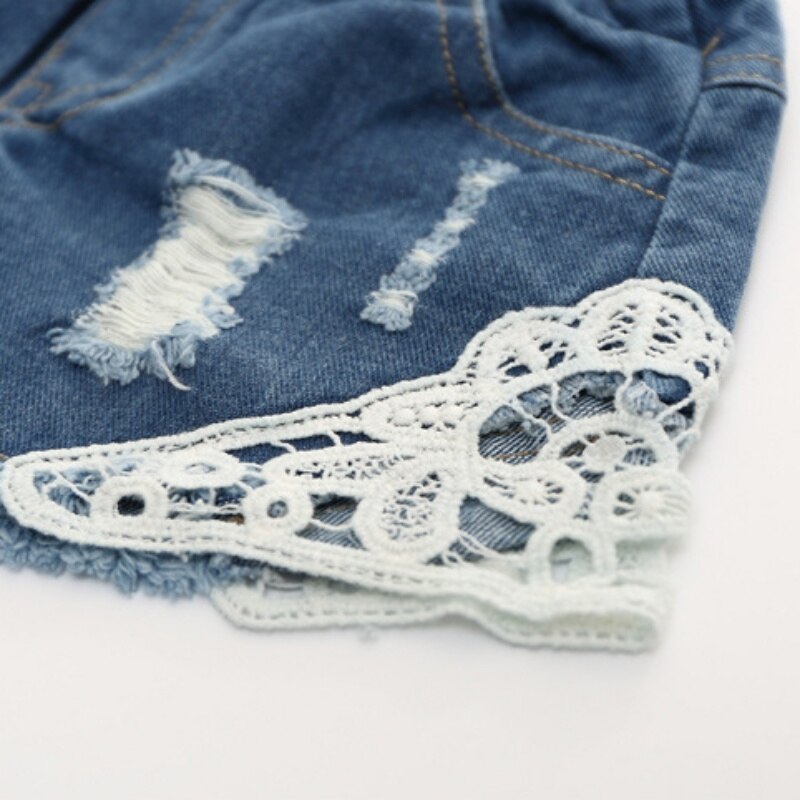 2-12y piger jeansshorts med blonder huler cowboy børn piger søde shorts jeans korte blonder lomme denim shorts børn