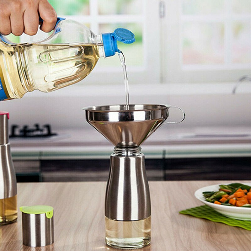 Conjunto de tres piezas de embudo de acero inoxidable, 10cm, 12cm y 14cm de ancho, embudo de boquilla de filtro con mango y colador desmontable,