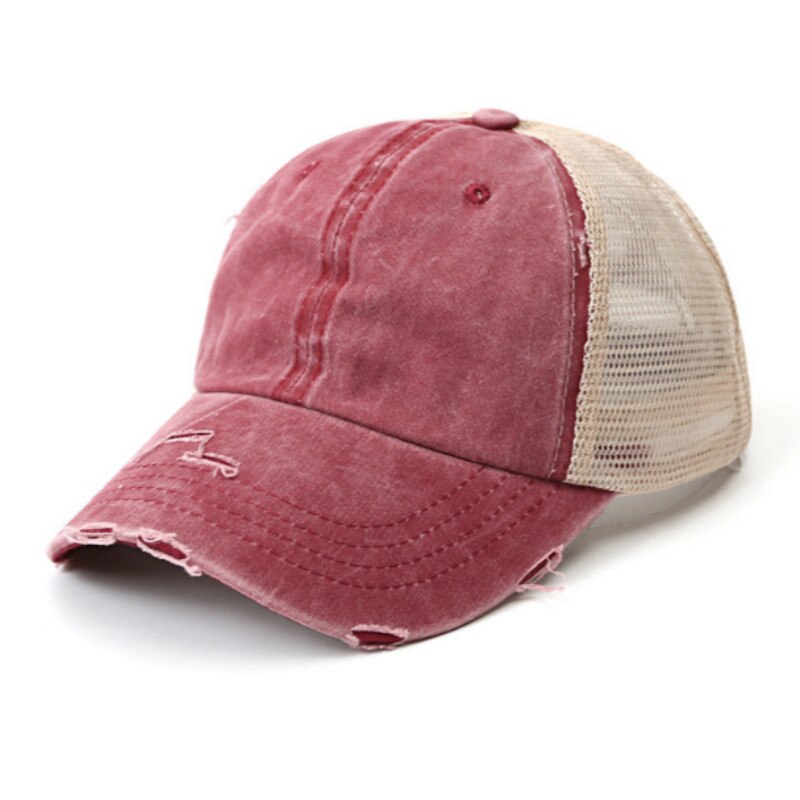 Mulheres Verão Chapéu Patchwork Angústia Messy Bun Rabo de Cavalo Chapéu Do Camionista da Malha Lavado Boné de Beisebol do Hip Hop Feminino Verão Chapéu Snapback: Borgonha