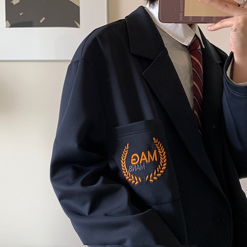 Dark Icoon Borduurwerk Jasje Mannen Oversized Preppy Stijl Mannen Jassen Studenten Jongen Jassen