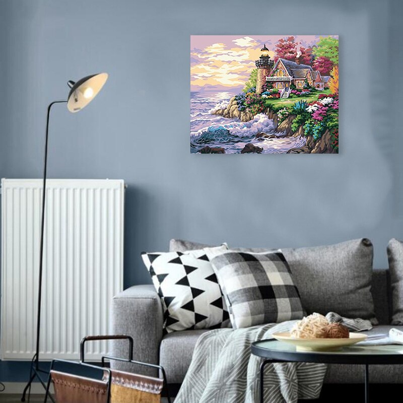 Paint By Numbers for Adults and Kids DIY Oil Painting Pre-Printed Canvas Art Home Decoration -Spring Lighthouse