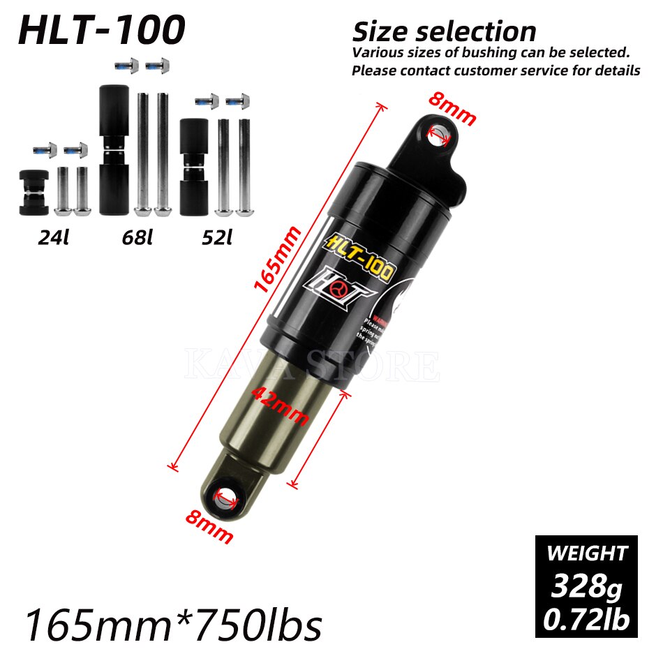 HTL-100 Mountain Bicycle Rear Shock 125/150/165/185mm 850/1000 lbs Aluminum alloy Oil Spring Shocks for MTB e-bike Snow Bike: 165mm x 750lbs