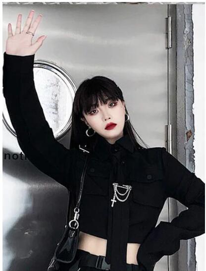 Ropa de calle Harajuku de primavera, falda de dos piezas, faldas con cinta de cadena Punk de gran tamaño, traje de 2 piezas para mujer: L / Negro