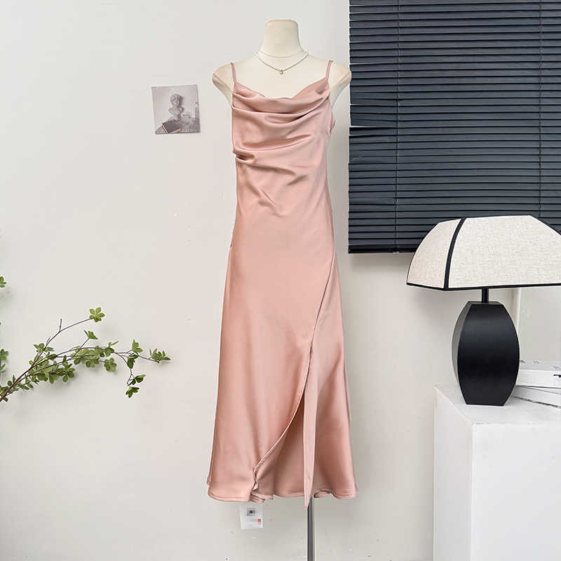 Kvinders stropkjole sommer pink satin split lone kjoler luksuriøse sexede festkjoler højtaljede slanke kjoler