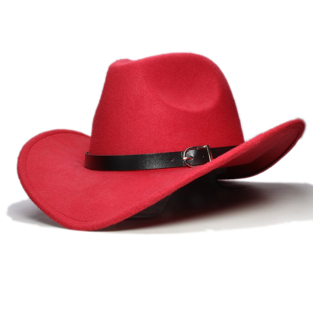 Vintage Parent-child Women Men /Kid Wool Wide Brim Cowboy Western Hat Cowgirl Bowler Cap Black Leather Band (57//54cm): Red / Kid Size 54cm