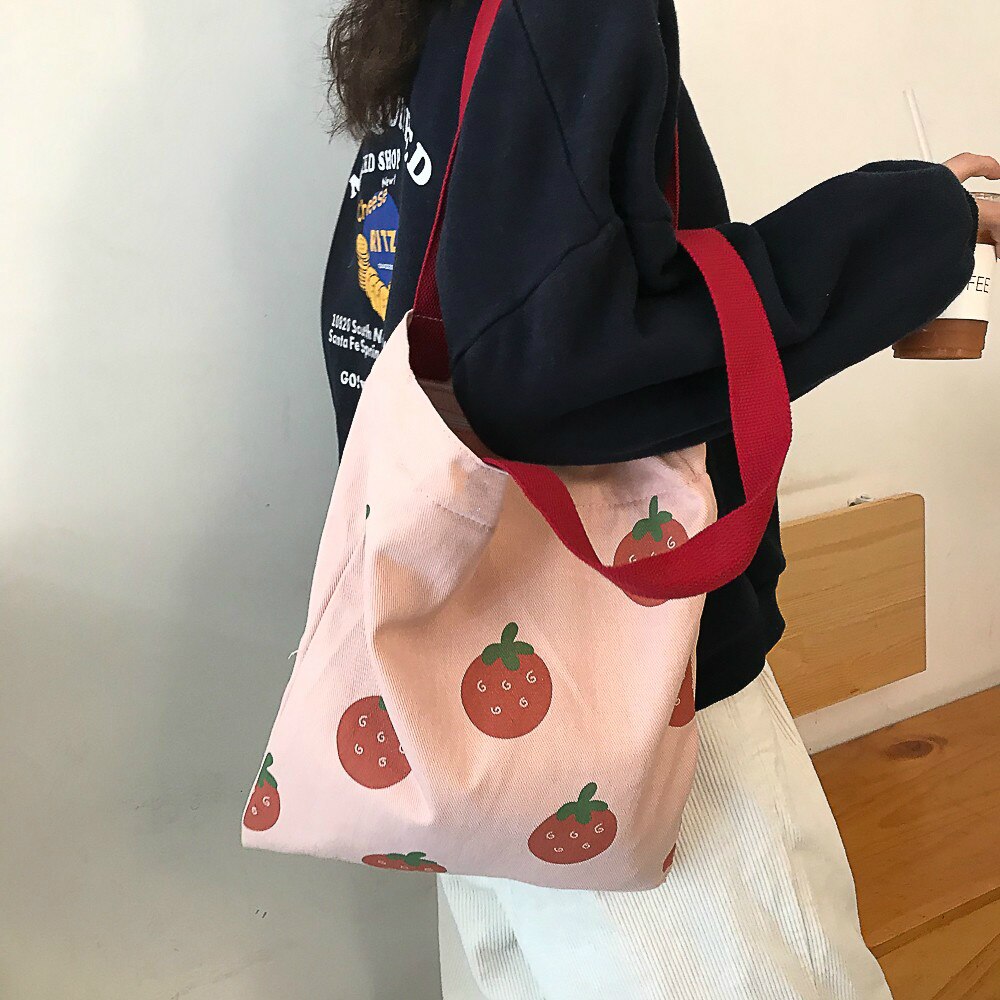 Einkaufstaschen Frauen Erdbeere Gedruckt Kawaii Nette eins Leinwand Tasche Große Kapazität Frauen eins Handtasche Schüler Tote Tasche Ulzzang Neue