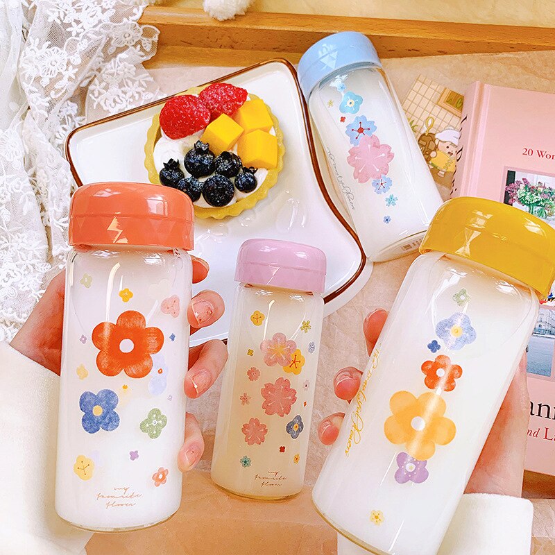 OAPE-taza pequeña portátil de cristal con de flores Kawaii, Mini taza de té portátil para niños y niñas, botella de agua sencilla