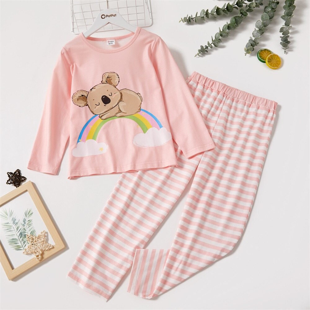 Set pigiami per bambina/bambino 2 pezzi PatPat, Top a maniche lunghe con stampa animalier Koala/tigre e pantaloni a righe: Pink / 7-8 Years