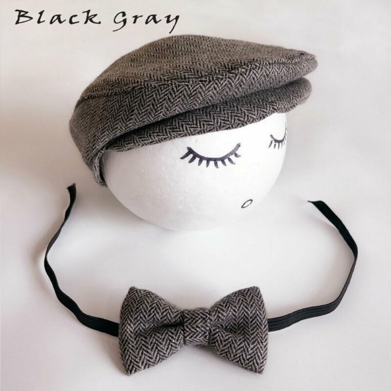 Newborn Baby Peaked Beanie Cap Hat Bow Tie Photo Photography Prop Infant Boy Caps