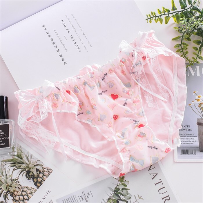 Japanese Lolita Women Sweet Panties candy Print Cute Bowknot Lace Breathable Underwear romantic Teen Girls Kawaii 3 Color Briefs: Pink / XL