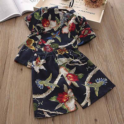 Zomer kinderpyjama's katoen en linnen retro jongens en meisjes pyjamaset japanse stijl bedrukte huiskleding: Blauw / 6t