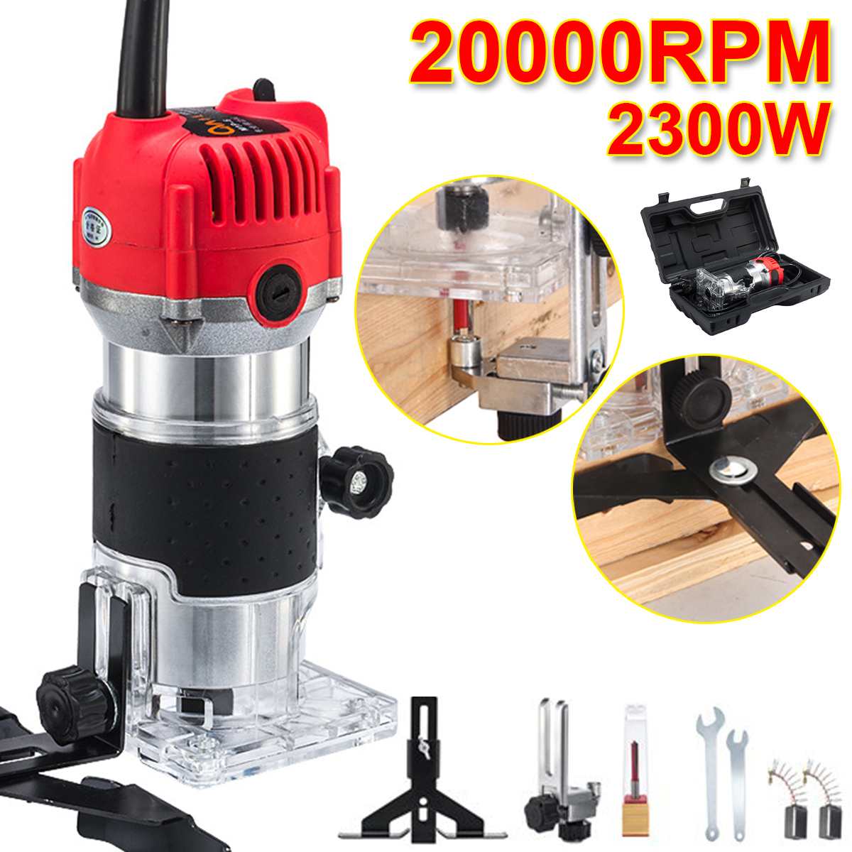 2300w träbearbetning elektrisk trimmer 20000 varv / minut träfräsning gravyr slitsning trimning maskin snidningsmaskin träfräs + låda
