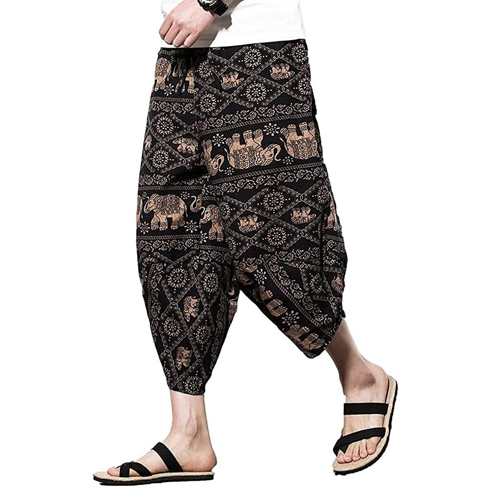 Men's Harem Capri Pants, Wide Leg Mens Capris, Summer Linen Pants,Comprehensive Training Sport Pants: XXL / 1