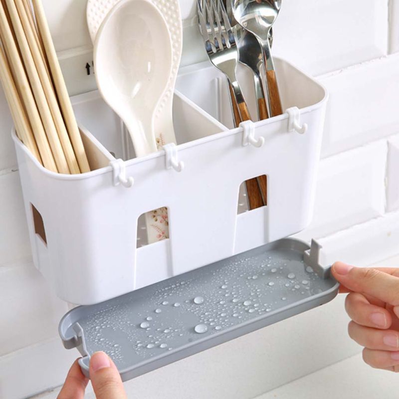 Wall Mounted Cutlery Drainer Rack with Drip Tray Utensils Organizer Spoon Fork Chopsticks Holder Caddy Kitchen Gadget Storage