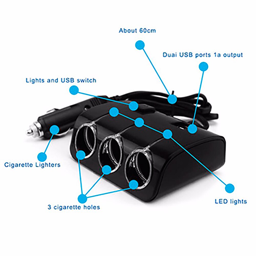 Sigarettenaansteker Splitter 12/24V (Voor 3 Uitgangen + 2 Usb)