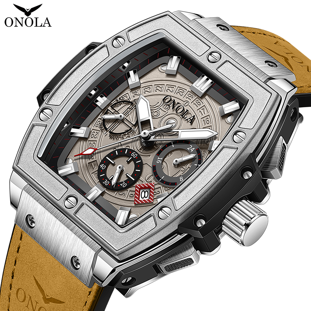 Relojes de lujo a la con clásico en forma de barril para hombre ONOLA, reloj de cuarzo de cuero informal resistente al agua multifuncional para hombre