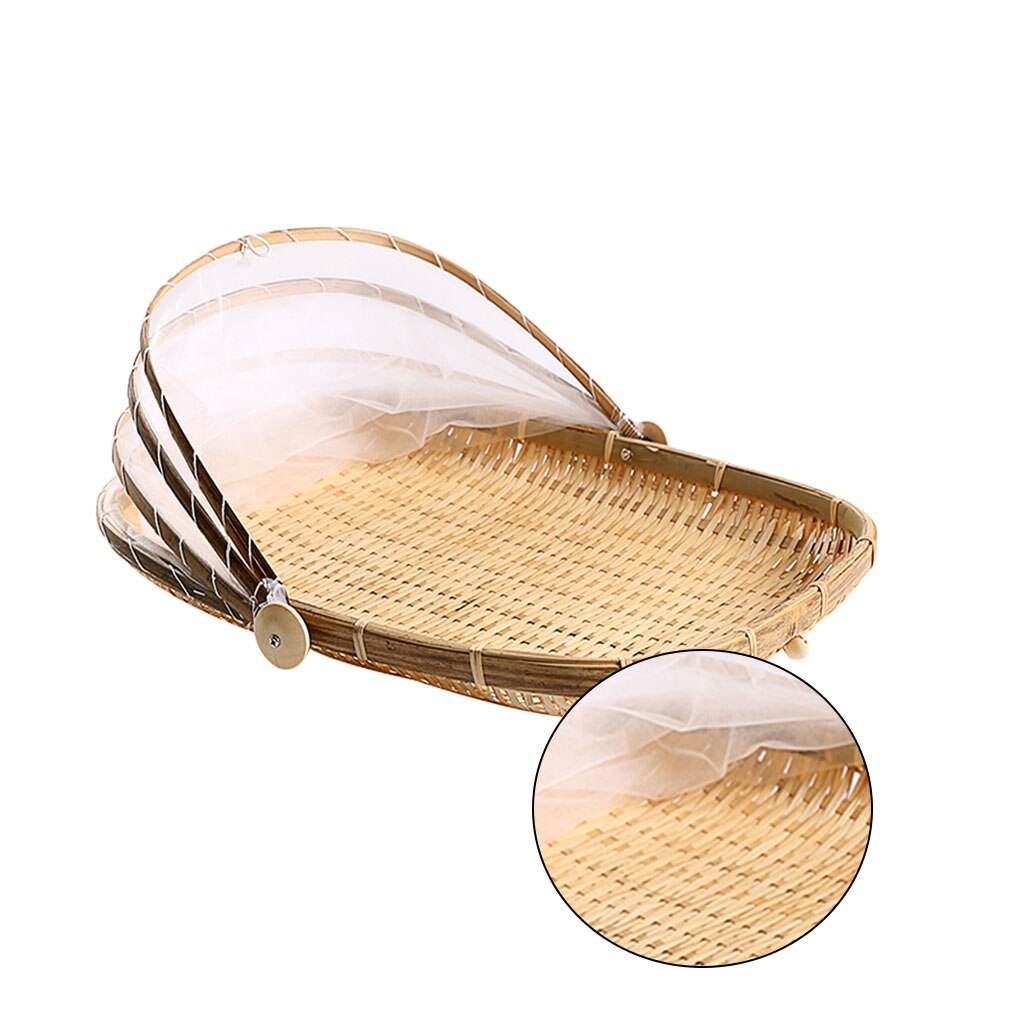 Outdoor Tentmand Handgeweven Bamboe Cover Plantaardig Brood Cover Tray Herbruikbaar Serveren Voedsel Fruit Tent Mand met Gaas voor Picknick 40CM Diameter