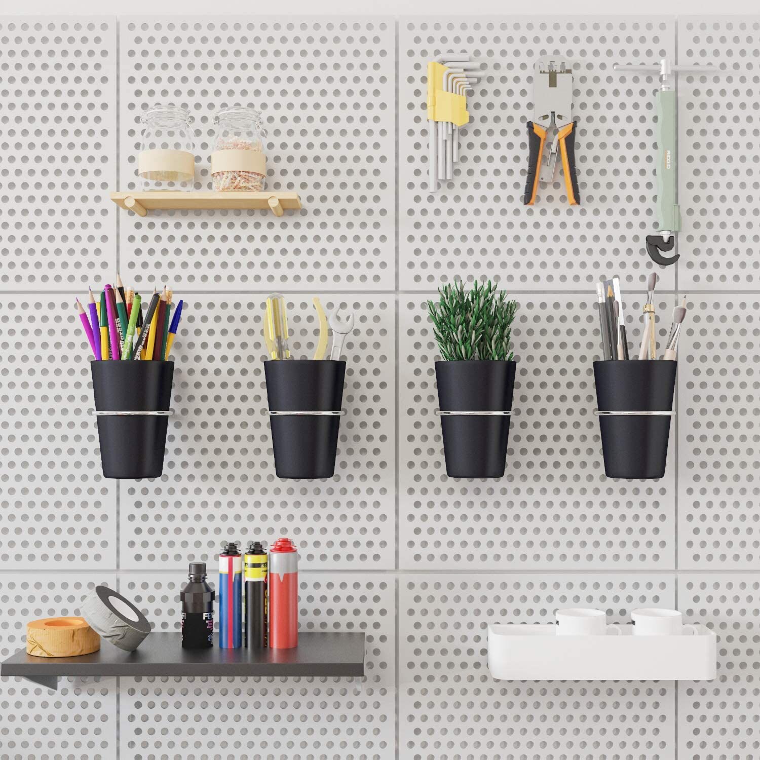 6 Sets Pegboard Hooks With Pegboard Cups,2.7x4In White Pegboard Cup Holder Accessories Peg Board Tools Storage Assortment Small Bits Tools Craft Workroom