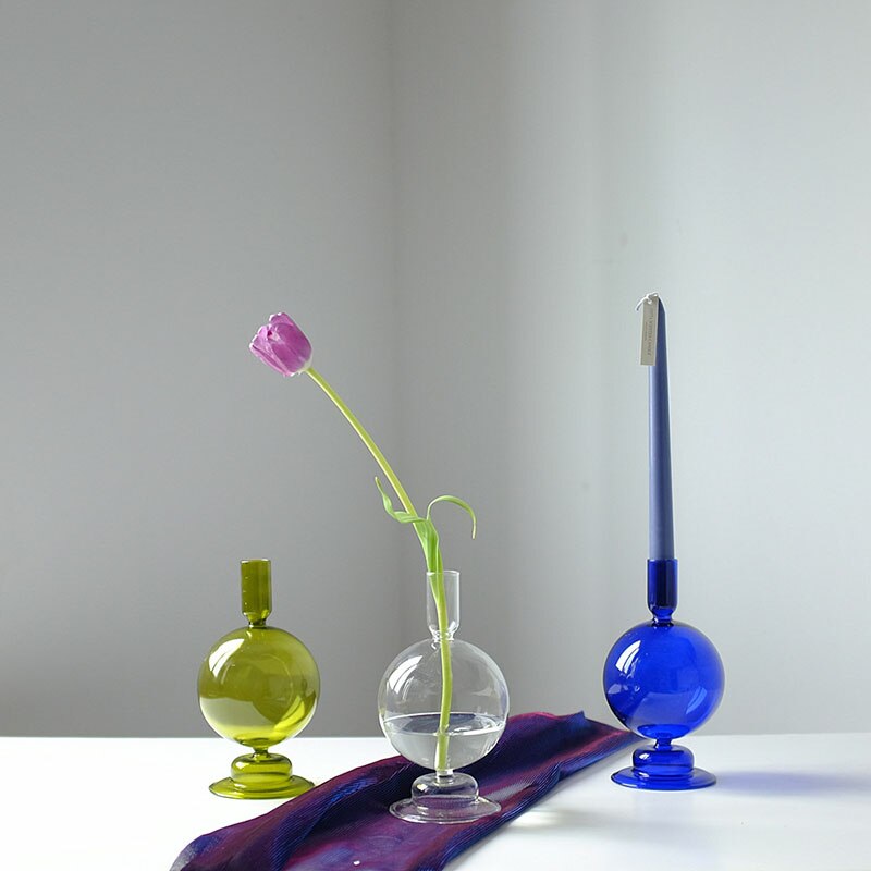 Suporte de vela nordic decoração para casa vaso de mesa acessórios de decoração de casamento castiçal de vidro vaso azul recipiente de vidro