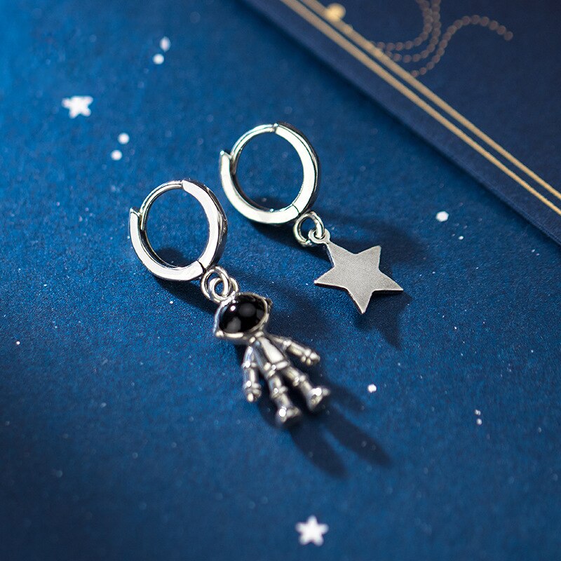 Cute Astronaut Star Asymmetric Thai Silver Color Hoop Earrings For Women Ear Jewelry Birthday S-E1065