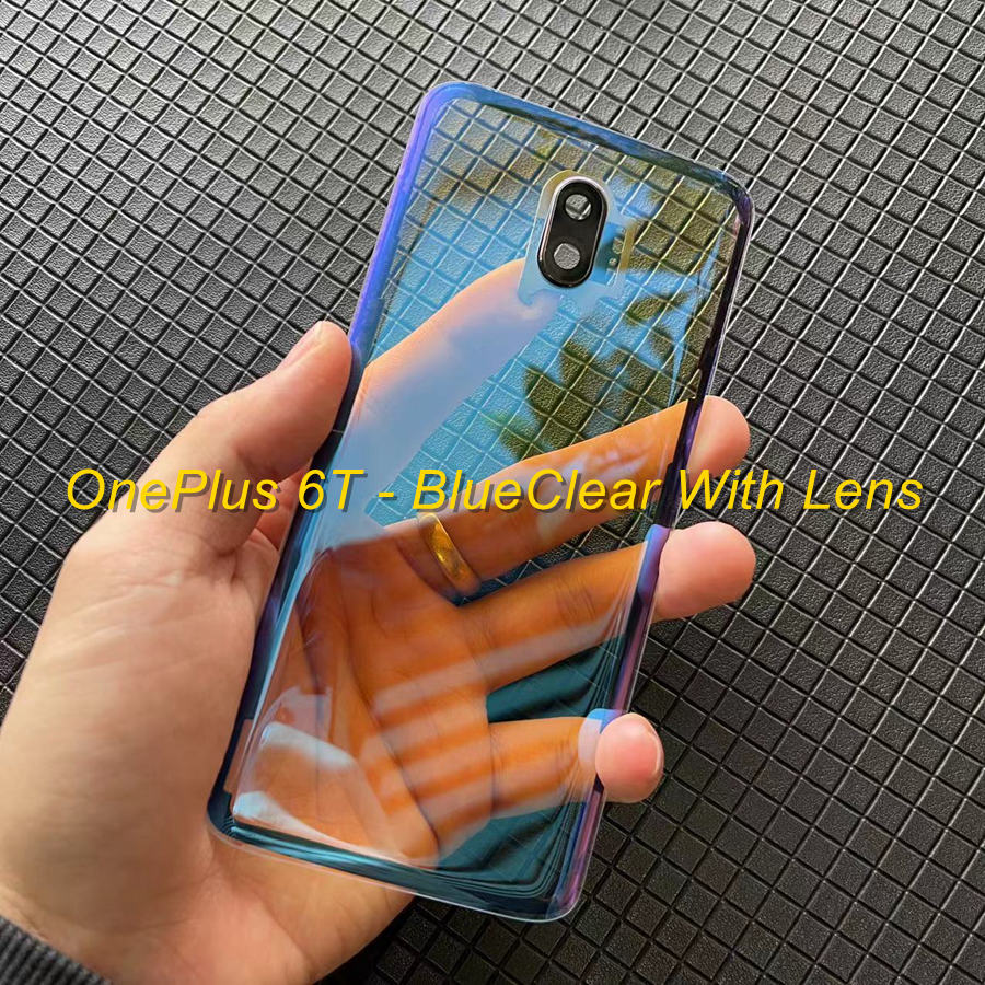 Cubierta de vidrio trasero para Oneplus 6 6T, cubierta de batería One Plus 6T, carcasa de puerta trasera, Panel de vidrio trasero Oneplus 6, cubierta de vidrio trasero + lente de cámara: 6T-BlueClear