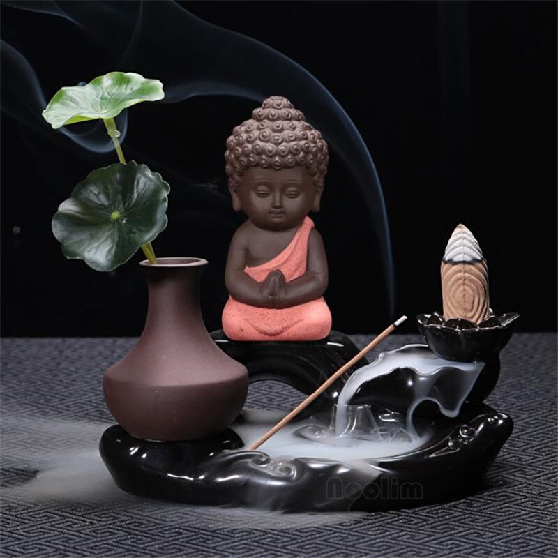 Little Monk Waterfall Incense Burner Backflow Buddha Incense Holder Censer Home Decor Buddhist Aroma Furnace: Red