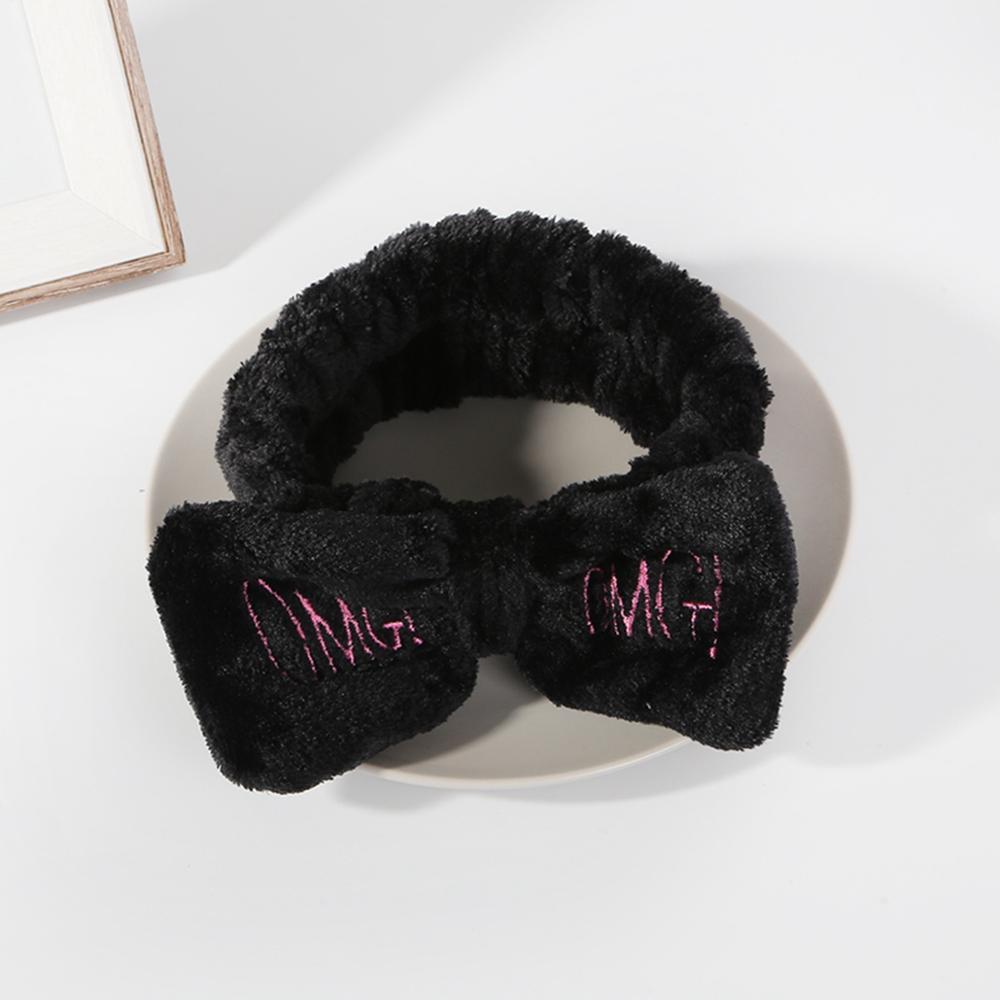 Soft OMG Letters Coral Fleece Wash Face Mix Color Bow Hair bands Clips For Women Girls Headbands Hair Styling Tool: 01 black