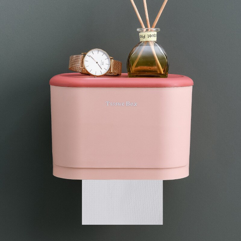 Toilet non-perforated paper towel box paper towel holder household toilet shelving wall hanging paper roll holder paper box: Small light pink