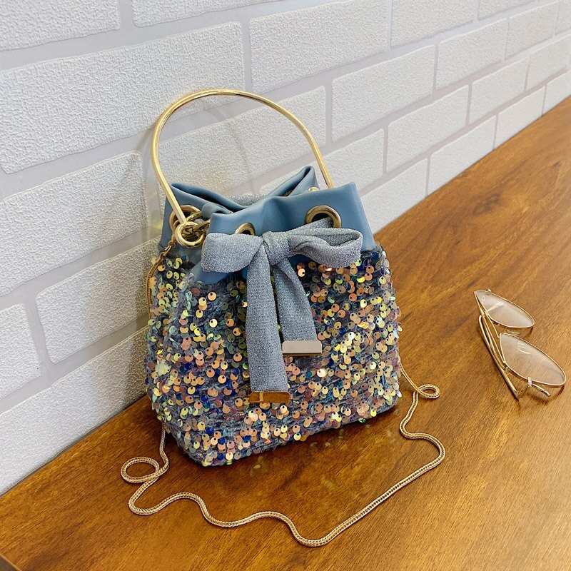 Pailletten strik emmer tas kleine tassen met metalen handvat dames handtas ketting schoudertas telefoon portemonnees: Blauw