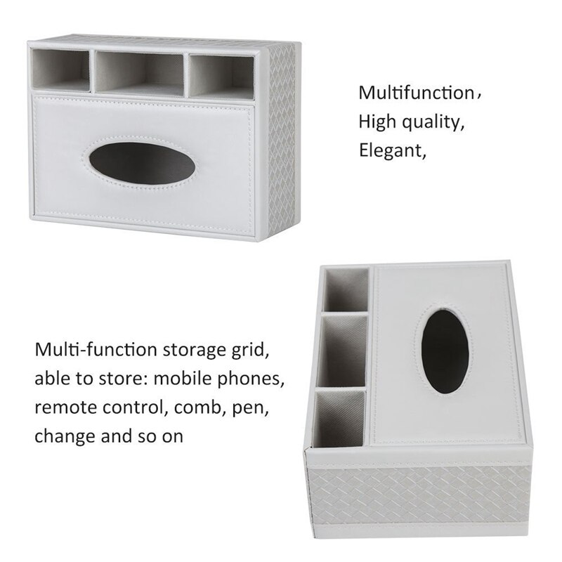 Multifunction PU Leather Pen Pencil Remote Control Tissue Box Cover Holder Desk Storage Box Container for Home and Office Use (W