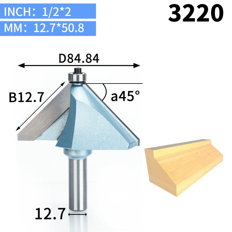 HUHAO 1pcs 1/2"1/4" Shank Chamfer Cutter Industrial grade Router Bits for wood Horse Nose Bit 45 Deg CNC Woodworking Tool endmil: 3220