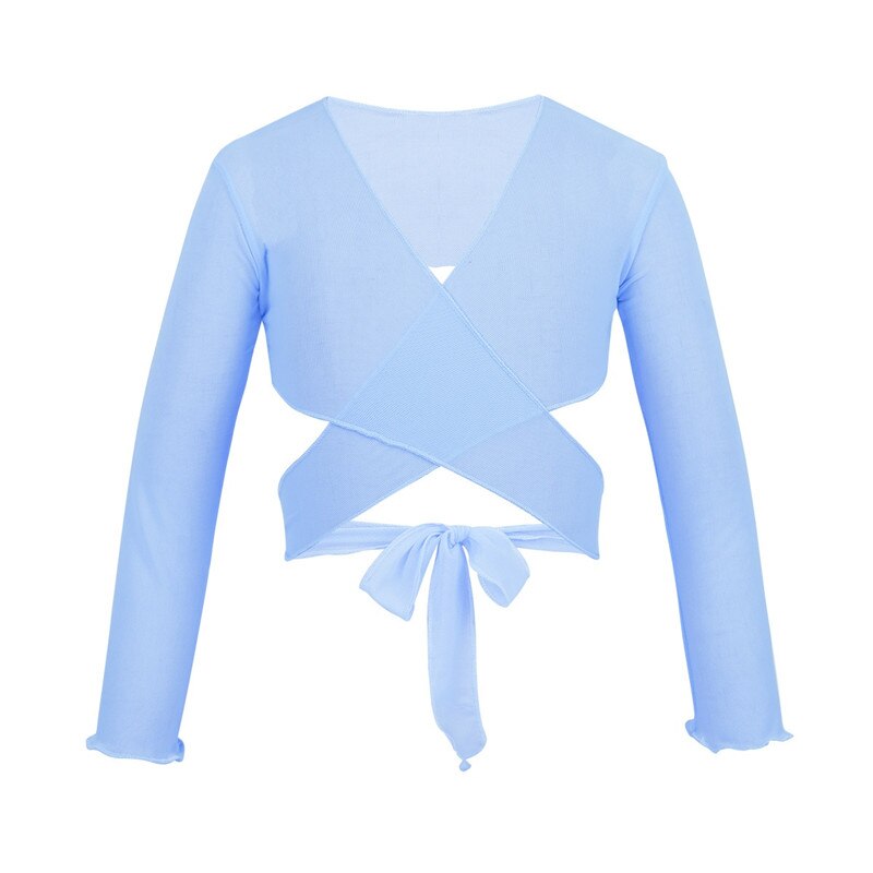 Kids Girls Classic Mesh Ballet Costume Long Sleeve Wrap Top with Adjustable Tie Closure Flower Bridesmaid Wedding Dress Wrap: Sky Blue / XL