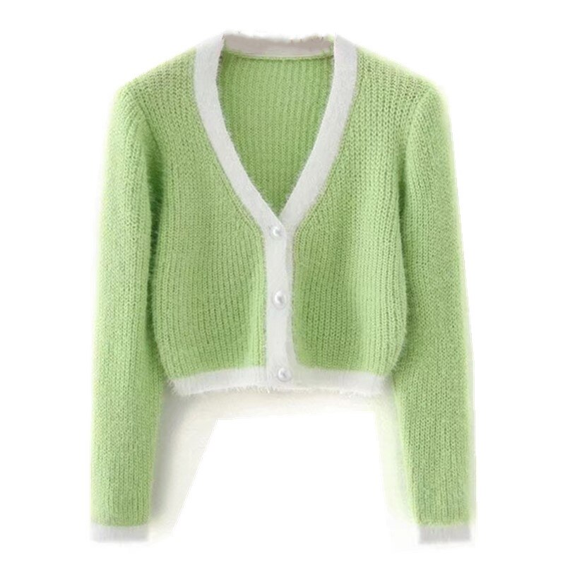 Vrouwen Breien Single-Breasted Button V-hals Cropped Vest Shaggy Trui Cool Girl Blootgesteld Navel Lange Mouwen Jumper: green long sleeve