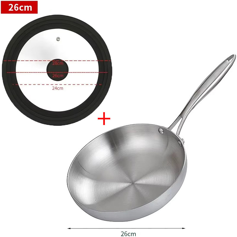 304 stekpannor i rostfritt stål, nonstick-panna stekt biffgryta obelagd köksredskap för gasspis och induktionshäll: Brun